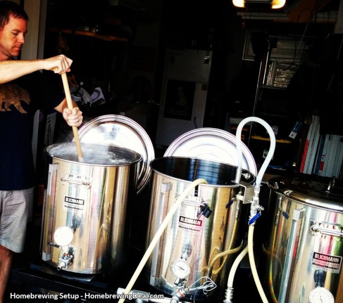 Home brewer, brewing beer on a homebrewing beer setup