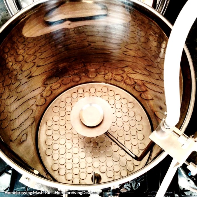 Stainless steel homebrewing mash tun with a sparge arm. Used to drain the sugars from your grains during beer brewing.
