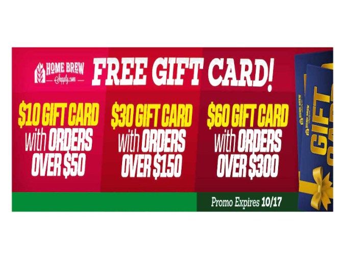 Earn a Homebrew Supply Gift Card with any purchase $50+ #homebrew #homebrewing #beer #brewing #giftcard