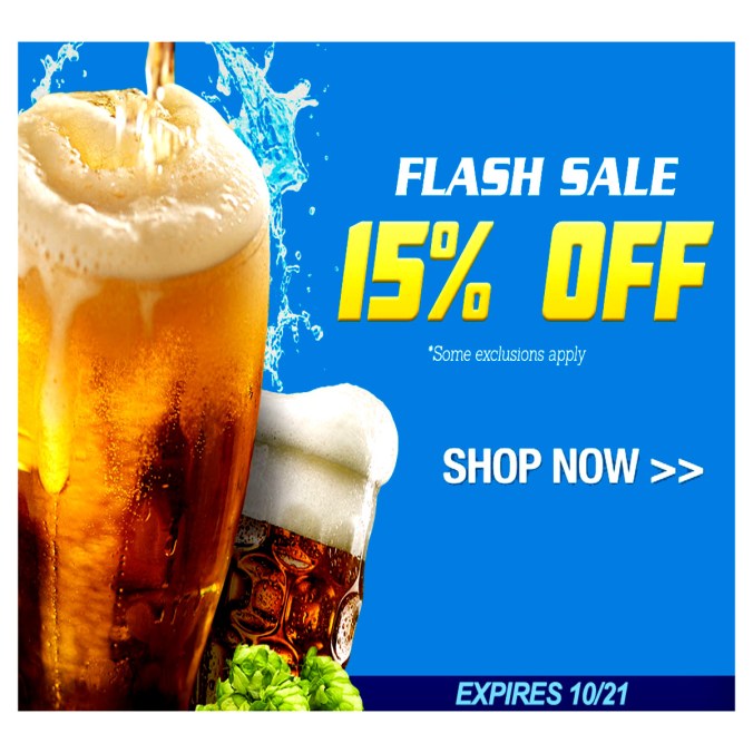 Home Brewing Flash Sale Save 15% on Homebrew Supplies and Equipment! #homebrew #homebrewing #home #brewing #supply #home #brew #beer #brewing #brewer #equipment