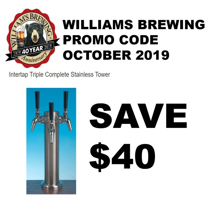 Save $40 On A Stainless Steel 3 Tap Draft Beer Tower with this Williams Brewing Coupon Code