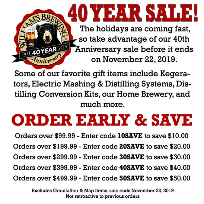 Save Up To $50 on your Williams Brewing purchase this November with this WilliamsBrewing.com Promo Code